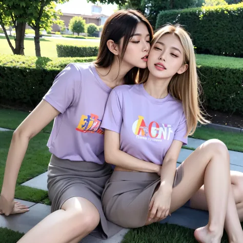 Super quality, tmasterpiece, Japanese cartoon, 2d, animated cartoon, japanese style art, Colorful Japanese comics, 2  girls, Medium blonde hair and lilac eyes, medium brown hair and brown eyes, lounge suit, a skirt, tee shirt, a skirt, French kisses, kiss ...