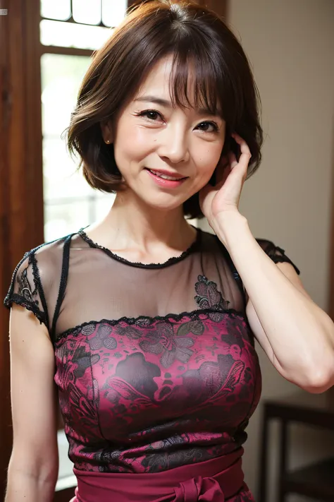 (masutepiece:1.4), high definition,(high quality:1.4),(60-year-old woman:1.4),(wrinkles on the face:1.4),beautie,breasts,smile,c...