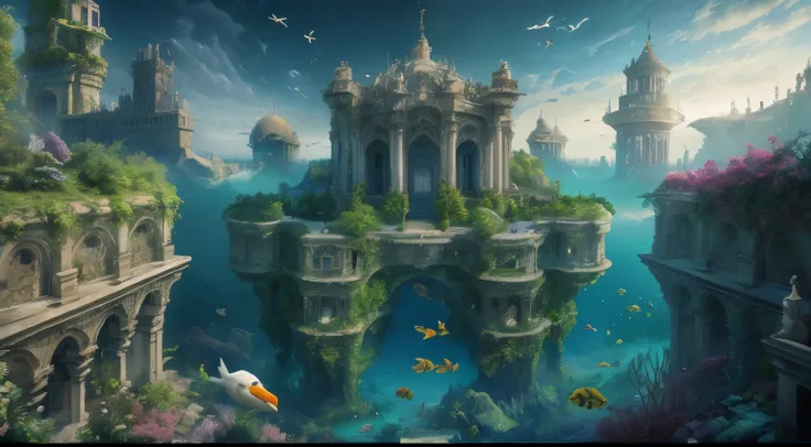 UHD, highres, anatomically correct, best quality，movie picture quality，Deep-sea ruins，Underwater Kingdom Atlantis，cover some plants，optic，（Birds eye view），majestic palace complex