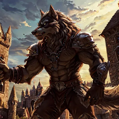 8k, super detail, best quality, anatomically correct, textured fur, solo, male, anthro, ((werewolf wearing platemail)), high detail, castle background, stoic expression