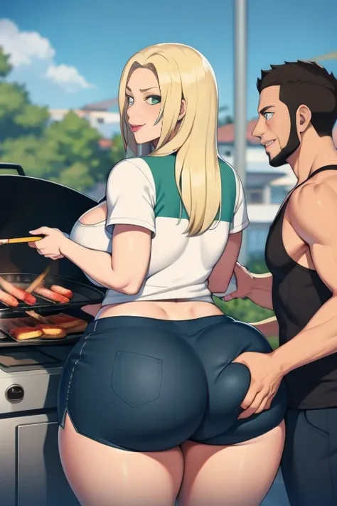 Senju Tsunade, ((Bimbo))), Long Blond Hair, cute smile face, Puffy lips, medium breasts, Painted lips, thick lips, wide hips, thick thighs, Huge ass, The face of craving desire , cleavage, mature mom, at a bbq outside, teasing, daisy duke shorts, white top...