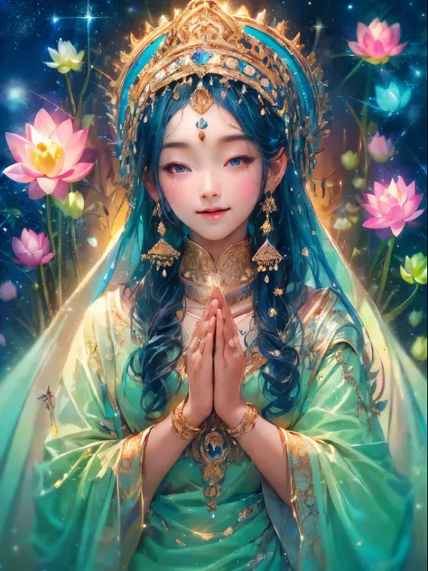 highest  quality，tmasterpiece：1.2，Detailed details of beautiful young goddess，Smile gently. She clasped her hands in prayer and meditation. She wore a white dress，Stars sparkle in the blue night sky, you sit on a lotus，In a fantastic atmosphere，You feel as...