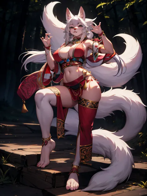 （best quality），4k，noble female nine-tailed white fox，furry ears and hands and feet，long leges，the expression is fascinating，wear...