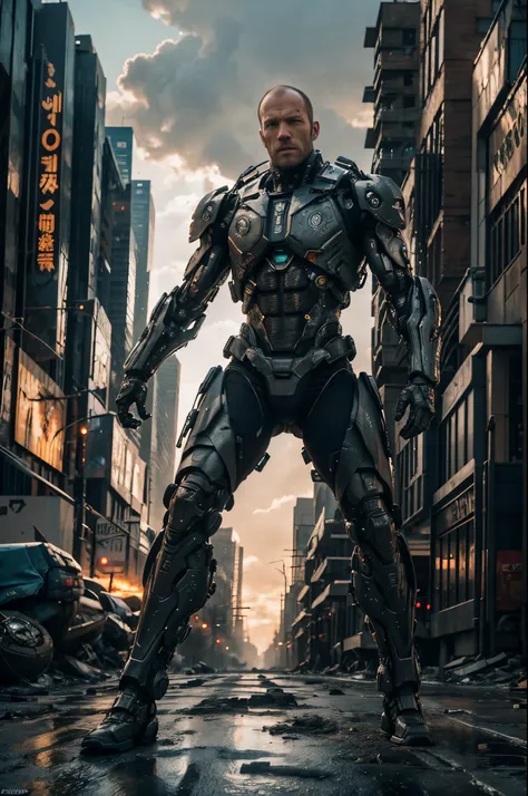 jason statham plays the gray and black mecha action hero,cyberpunk style wearing futuristic battle suit with tactical gear in mo...