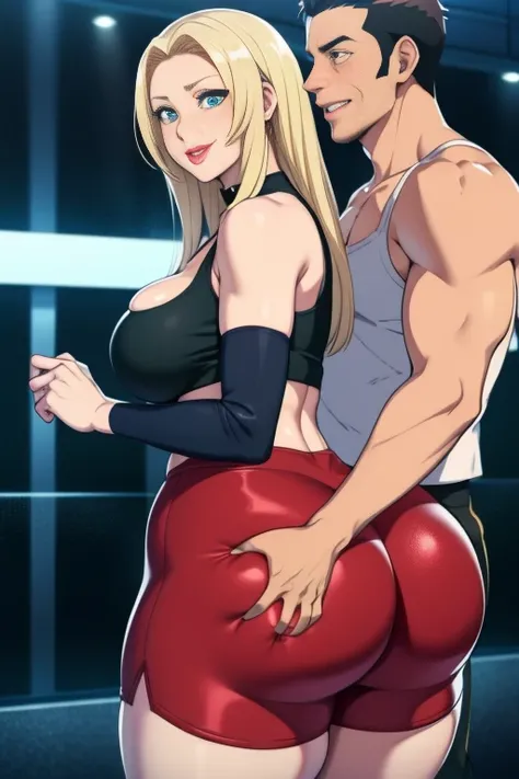 Senju Tsunade, ((Bimbo))), Long Blond Hair, cute smile face, Puffy lips, medium breasts, Painted lips, thick lips, wide hips, thick thighs, Huge ass, The face of craving desire , cleavage, mature mom, night club, dancing, sexy outfit, white top, guy and gi...