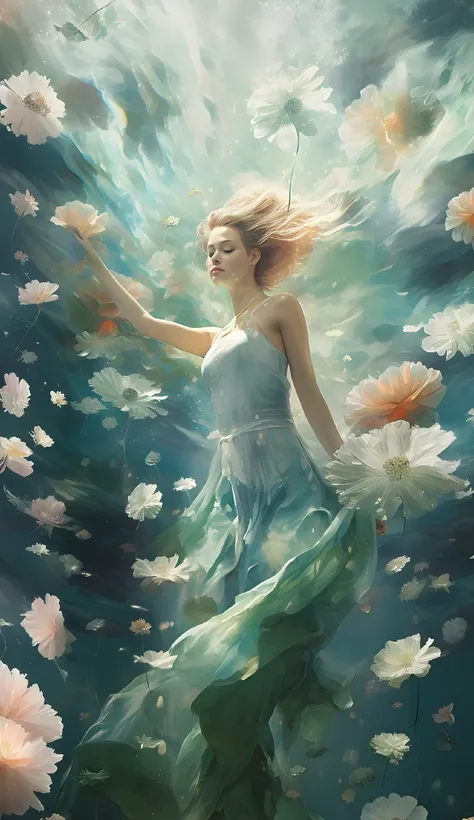 Drawing of a woman wearing a dress floating in the water, Beautiful digital artwork, A beautiful artistic illustration, beautiful digital painting, gorgeous digital painting, beautiful digital illustration, beautiful gorgeous digital art, dreamlike digital...