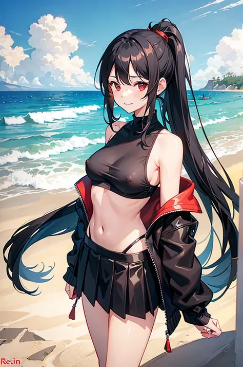 One girl ,long black hairs ,ponytail ,wearing bra and skirt ,red eyes standing at beach ,medium breasts short skirt ,nipples showing from bra , smiling