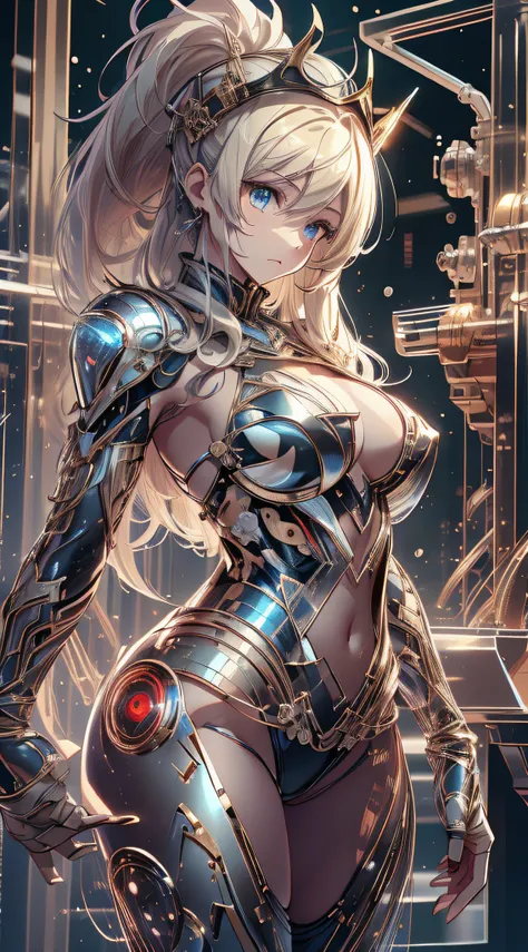 top-quality、Top image quality、​masterpiece、Teenage girl((black mechanic body、Shining red body line、Thorny armor、18year old、 Ager、Best Bust、big bast,Beautiful light blue eyes, Long Blonde Hair、A slender,Large valleys、Reflecting the whole body、black mechanic...