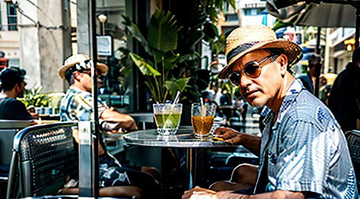 Joe Pantoliano in shorts and a Hawaiian shirt, I&#39;m sitting alone on the street in a cafe at a table, cocktail in hand, He wears a straw hat on his head, Aliens are sitting next to the tables, similar to gray, in silver spacesuits, bird-like humanoids