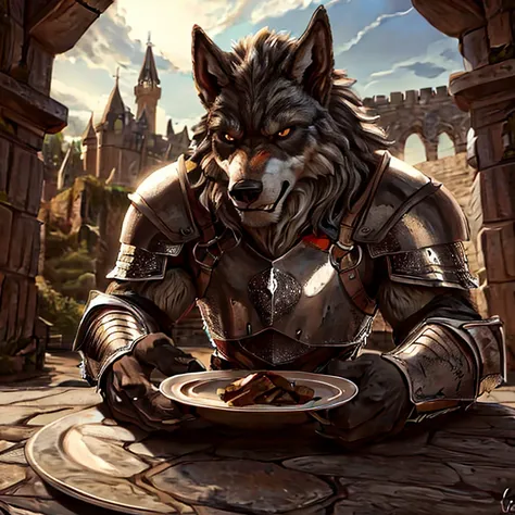 8k, super detail, best quality, anatomically correct, textured fur, solo, male, anthro, ((werewolf wearing plate mail armor)), high detail, castle background, stoic expression