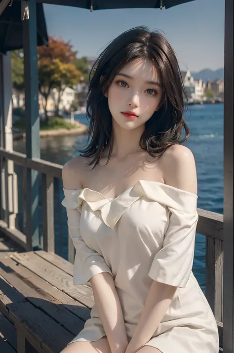 Special clothes34,bare shoulders,shirt, dark theme, red lips, mature female, makeup, Big eyes. Pretty eyes, ((Random shooting angles)), (best quality, masterpiece:1.2), ultra-detailed, (realistic:1.37), beautiful, youthful, glamorous model with (detailed ...