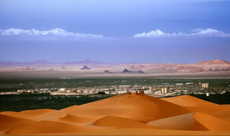 Desert landscape and city in the distance, Cinematic Silk Road Scenery, most perfect desert on the world, city in desert, Desert and city in skyline, sahara desert, A desert!!!!!!!!!!!, sand dune, Shanshan, China, harmony of desert, deserts and mountains, ...