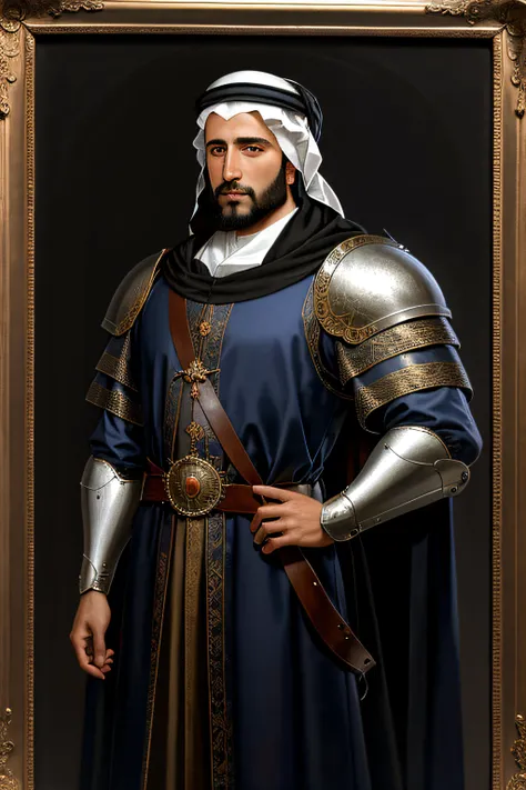 arafed man in a suit of armor standing, portrait, renaissance painting of arab king, renaissance digital painting, inspired by Giovanni Lanfranco, painting of a king, realistic renaissance portrait, medieval portrait