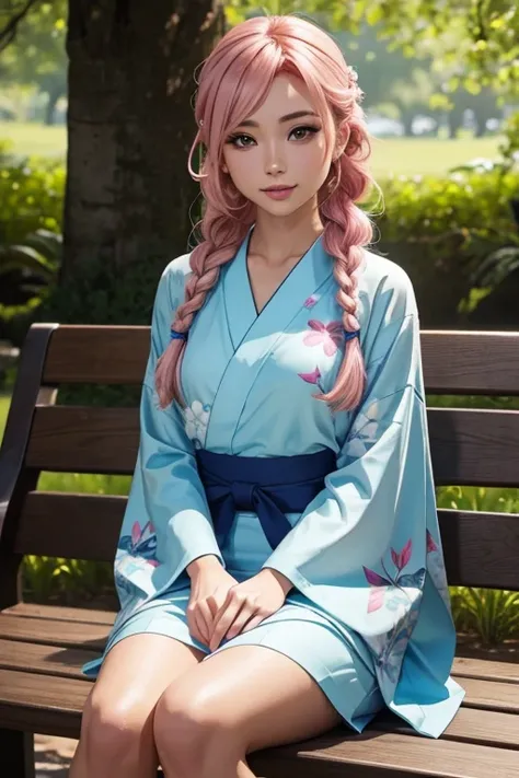 Single European woman in a Japanese garden, sit on a bench, cute yukata with flower patterns, tanned skin, pink hair , long hair, braided hair, glossy lips, Eye shadow , natural make-up, , green eyes, deep Cliveage, perfect hand, perfect arms, perfect body...