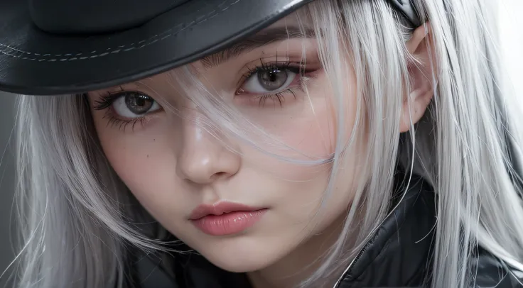 1 girl, silver hair, black hat, black military coat, long eyelashes, slim face