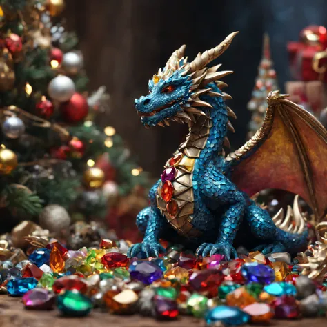 Shard dragon sitting next to a pile of colorful gems, under the christmas tree, Highly detailed cleaning, The beautiful, Detailed and complex, 8K,