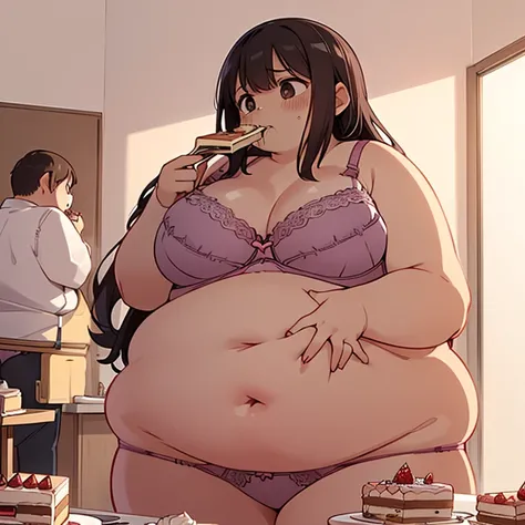 1girl, (bra & panties:1.8), chubby, (fat face:1.0), (double chin:0.9), big belly, wide hips, big butt, (child:1.7), (baby, child:1.0), (eating cake:1.4), (looking down), (holding belly), (nervous:1.5), (surrounded by cake:1.5)