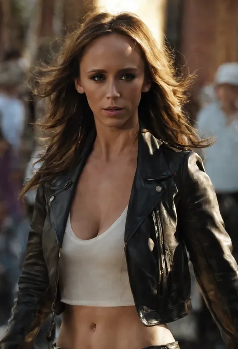 jennifer_love_hewitt,leather jacket,leather pants,yopless,thigh strap,street, extremely delicate and beautiful,full frontal,beac...