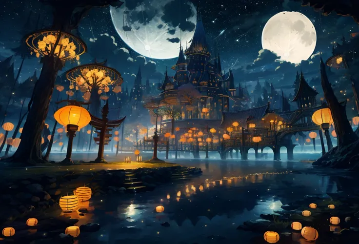 A scene of a beautiful moonlit lake at night, fireflies, cattails, lanterns