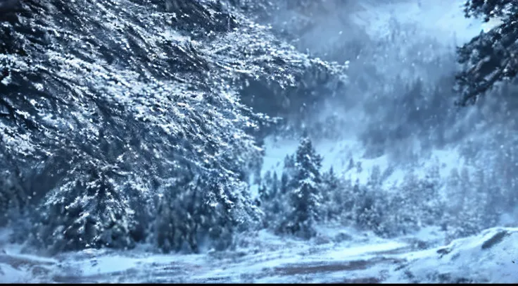 Close-up of a snowy mountain with trees and snow, Highly detailed VFX scene, Snowy Forest, Highly detailed visuals, Screenshot from the game, Snowy Forest, stunning visual, Cinematic opening sequence, Gameplay footage, Cinematic screenshot of PS5, Winter c...