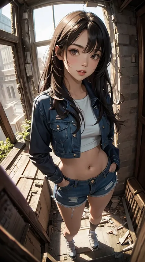 ((8k wallpaper of extremely detailed CG unit, ​masterpiece, hight resolution, top-quality)), (Beautuful Women, Plump lips, Hands in pockets:1.5, Grunge Fashion, wearing a red blouson:1.2, I&#39;m wearing white micro mini shorts:1.2, Wearing sneakers:1.1), ...