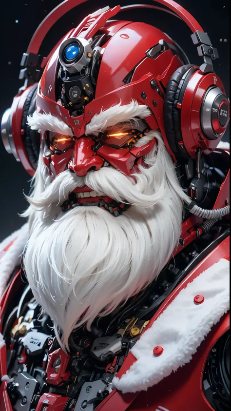 image of a fat santa claus in red armor wearing headphones., long white beard, detailed portrait of the robot, santa claus cybor...