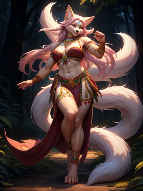 （Best quality at best），4K，Noble female nine-tailed white fox，furry ears and hands and feet，long leges，The expression is fascinating，Wear tribal clothing，forest backgrou，orc race，Pink Long Hair