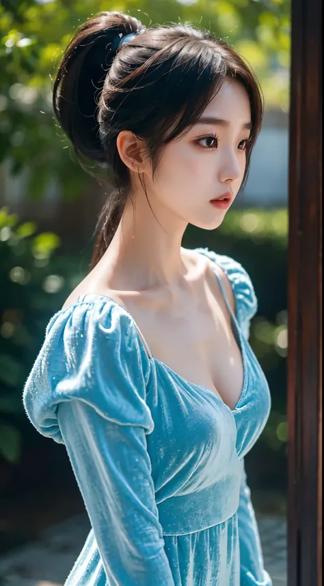 1girl, slender korean kpop idol and model ,ponytail hairstyle ,23 years old,soft body, perfect breast, fair skin,close-up, 8k, RAW photo, best quality, masterpiece,realistic, photo-realistic,cute,mansion , summer ,soft light, High image quality,( elegant c...