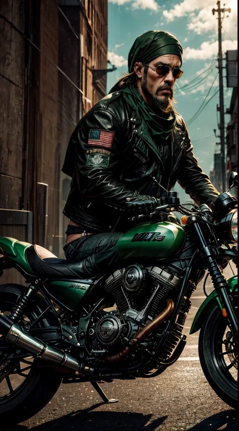 white male biker with brown goatee wearing black and green bandana and mc patches who looks mean