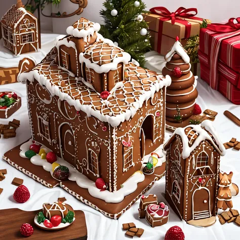 ((tmasterpiece,best quality at best)), absurd res, gingerbread_casa, gingerbreadai houses, food, food focus,  cookie, candy bars...