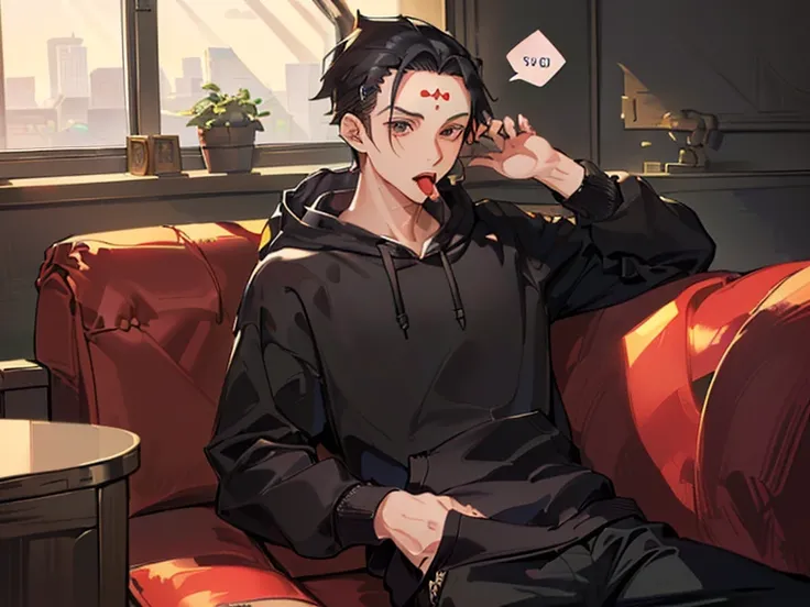 (A black-haired boy with a hoodie and his forehead showing is sitting on the sofa: 1.5) (18-year-old boy, Single: 1.9)  (Speak with your mouth open: 1.8) (masutepiece, masutepiece: 1.5),Forehead,Best Quality, 1boy, Solo,