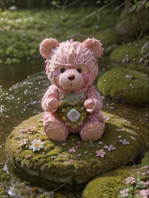 (best quality,4k,8kultra-detailed,(realistic,photorealistic,photo miniature pink teddy bear, floral patchwork, fairytale autumn forest, sit on the mossy rocks of the lake, fishing, dreamy lighting, vibrant colors, v2.0-Bergamot