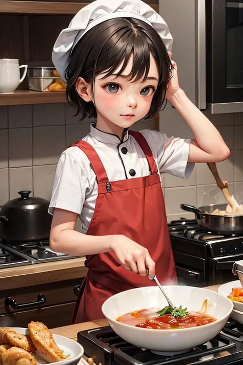 Pictures of little boy cooking delicious food，There should be Xiaoqi written on the hat，Ratio is 1：1，HD picture