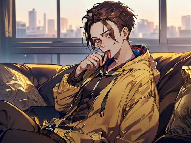 (A boy with dark brown hair, wearing a hoodie and a slim jacket with his forehead exposed, is sitting on a sofa.: 1.5) (18-year-old boy, Single: 1.9)  (Speak with your mouth open: 1.8) (masutepiece, masutepiece: 1.5),Forehead,Best Quality, 1boy, Solo,