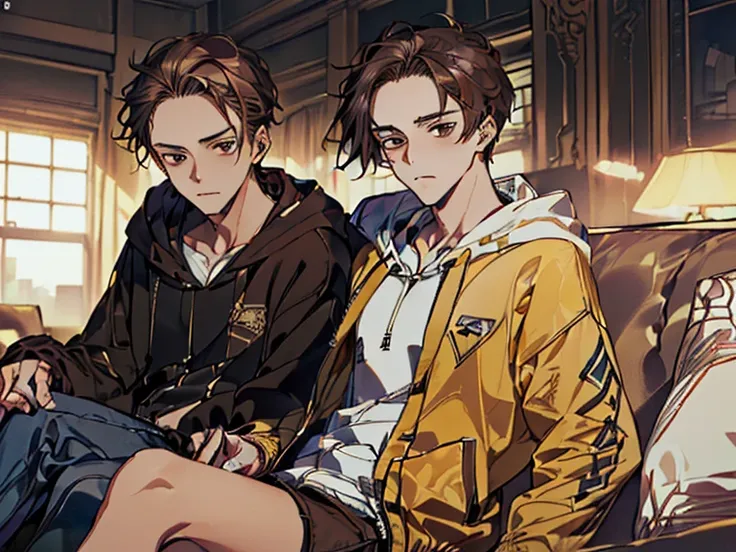 (dark brown hair boy, He wears a hoodie that shows off his forehead and a slim jacket., Sitting on the couch.: 1.5) (18-year-old boy, Single: 1.9)  (masutepiece, masutepiece: 1.5),Forehead,Best Quality, 1boy, Solo,