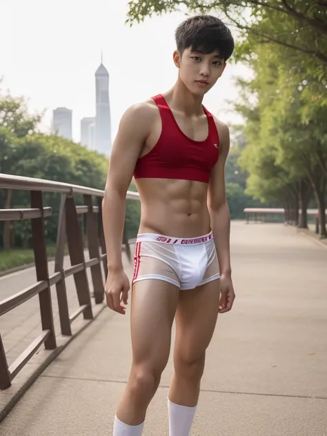 16 years old teenagers , very young , light-skin , wearing an dark red sexy underwear, tmasterpiece，k hd，the feet，Transparent sports vest，semi transparent，black long socks，The barefoot , red colour , handsome and cute , extreme cute boy , white skin , dark...