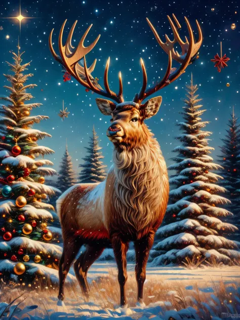 (tmasterpiece, high qulity) a (irate:1.3) (frustrated:1.5) (reindeer:1.3) attack the decorated christmas tree, without humans,