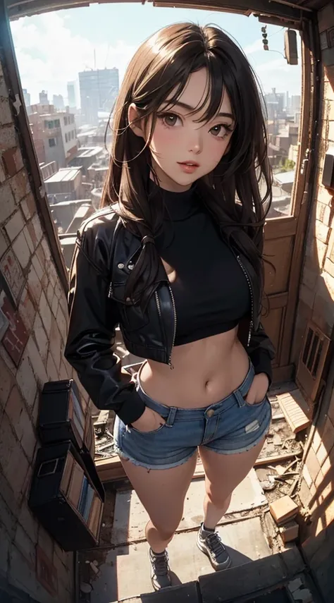 ((8k wallpaper of extremely detailed CG unit, ​masterpiece, hight resolution, top-quality)), (Beautuful Women, Plump lips, Hands in pockets:1.5, Grunge Fashion, wearing a red blouson:1.2, I&#39;m wearing micro mini shorts:1.2, Wearing sneakers:1.1), ((extr...