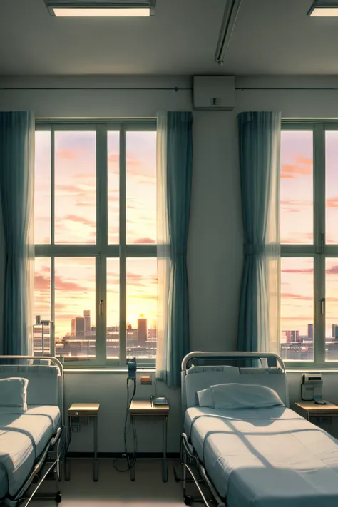 Hospital Rooms，The light from the rear window is backlit，window，Warm glow，Scene painting，Two-dimensional anime scene，Hospital Rooms，the sideview，Facing the window