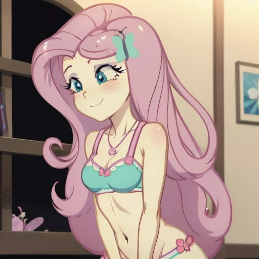 Fluttershy, bikini, Equestria girls Fluttershy, pink hair, curvy, blush,smiling,cuerpo completo, really sexy,