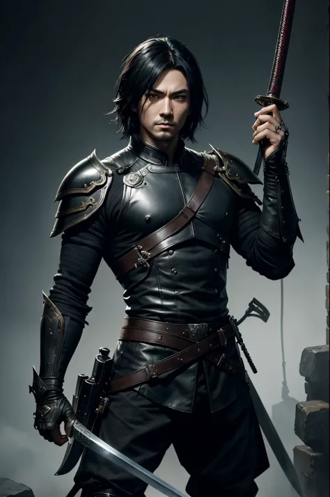 8K,A man wearing leather clothes is holding a Japanese sword, Black combat uniform,black combat pants,Black eyes,Black Hair Bob Hair,Black Gauntlet,Black shoulder armor,by Yang J, range murata and artgerm, caleb from critical role, handsome guy in demon sl...