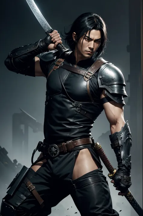 8K,A man wearing leather clothes is holding a Japanese sword, young man&#39;s small,Black combat uniform,black combat pants,Black eyes,Black Hair Bob Hair,Black Gauntlet,Black shoulder armor,by Yang J, range murata and artgerm, caleb from critical role, ha...