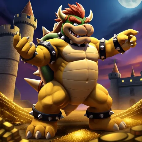 full body, bowser, solo, male, best quality, highly detailed, 8k, castle background, grinning expression, standing in treasure, ...