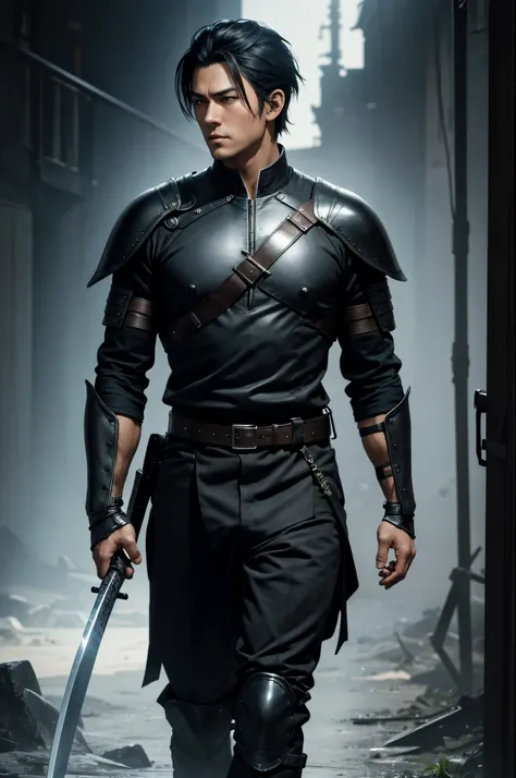 8K,A man wearing leather clothes is holding a Japanese sword, young man&#39;s small,Black combat uniform,black combat pants,Black eyes,Black Hair Bob Hair,Black Gauntlet,Black shoulder armor,by Yang J, range murata and artgerm, caleb from critical role, ha...