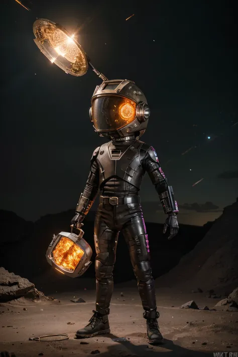 A Modern flat toon Crazy whit a Big ONE a Only Eye Robot and helmet Style, tongs in hands, Tv head, pinhead, camouflage PINK Rusty, Ambient in a meteorite crater super detailed, center, beautiful, soft lighting, focused on the character, 4K resolution, pho...