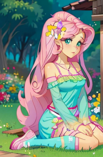 Fluttershy, fluttershy form my little pony, fluttershy in the form of a girl, butterflies around her, pink long hair, turquoise eyes, playing in a garden, flowers, lush breast, soft smile, pink green long dress, sitting, yellow wings, holding flowers, heav...