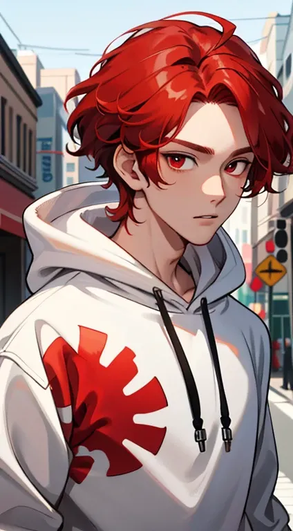 1 boy, Handsome boy, Red hair, comma hair, comma forehead hair, Korean Hair, Street style, Hoodie, Bright, Red Eyes, Upper body,Short curly hair,short bangs,