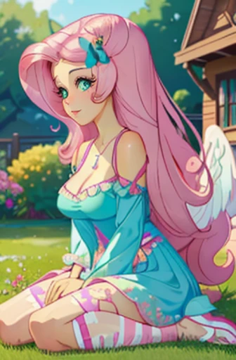 Voluptuous busty Fluttershy, fluttershy form my little pony, fluttershy in the form of a girl, butterflies around her, pink long hair, turquoise eyes, playing in a garden, flowers, lush breast, soft smile, pink green long dress, sitting, yellow wings, hold...