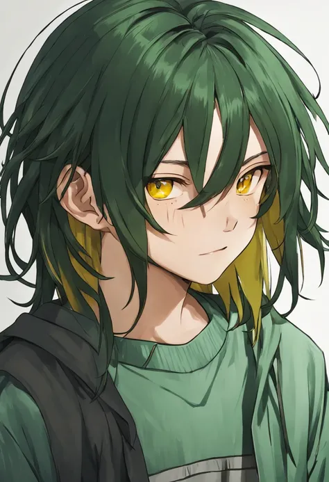 A BOY with messy LONG masculine hair, DARK GREEN hair, YELLOW eyes, PRETTY eyes, PRETTY FACE, (correct anatomy, advanced details, high quality result), (male), (solo), (young), (unique hair), [realistic], [vivid colors], [studio lighting], [sharp focus], [...