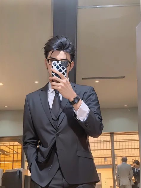 there is a man taking a picture of himself in the mirror, candid picture, wearing black suit, he is wearing a suit, very very low quality picture, full body in camera, wearing suit, in a suit, wearing a suit and glasses, candid photo, profile picture, blur...